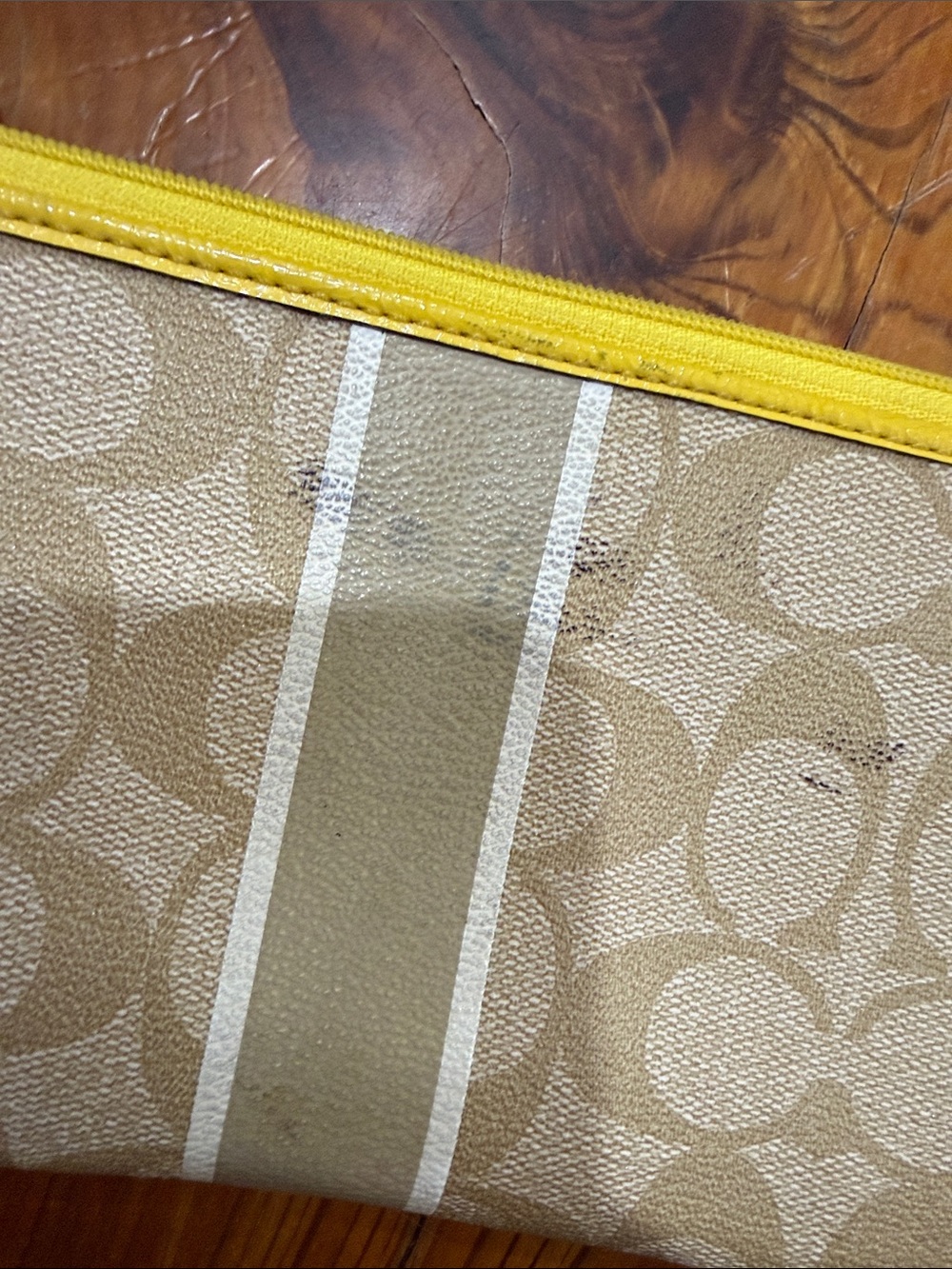 Coach Beige Signature Tote and Wristlet with Yellow and White Stripe - Picture 9 of 13